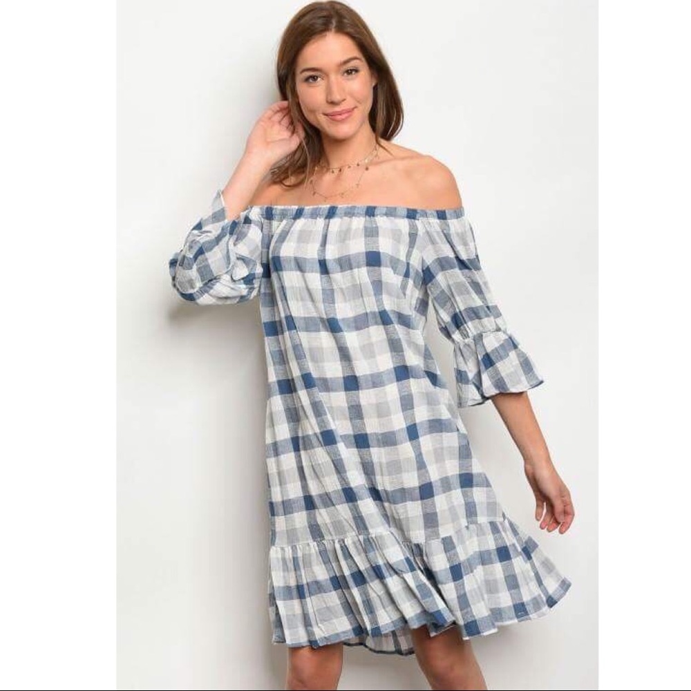 Off The Shoulder Blue Buffalo check Dress - Picture 1 of 4